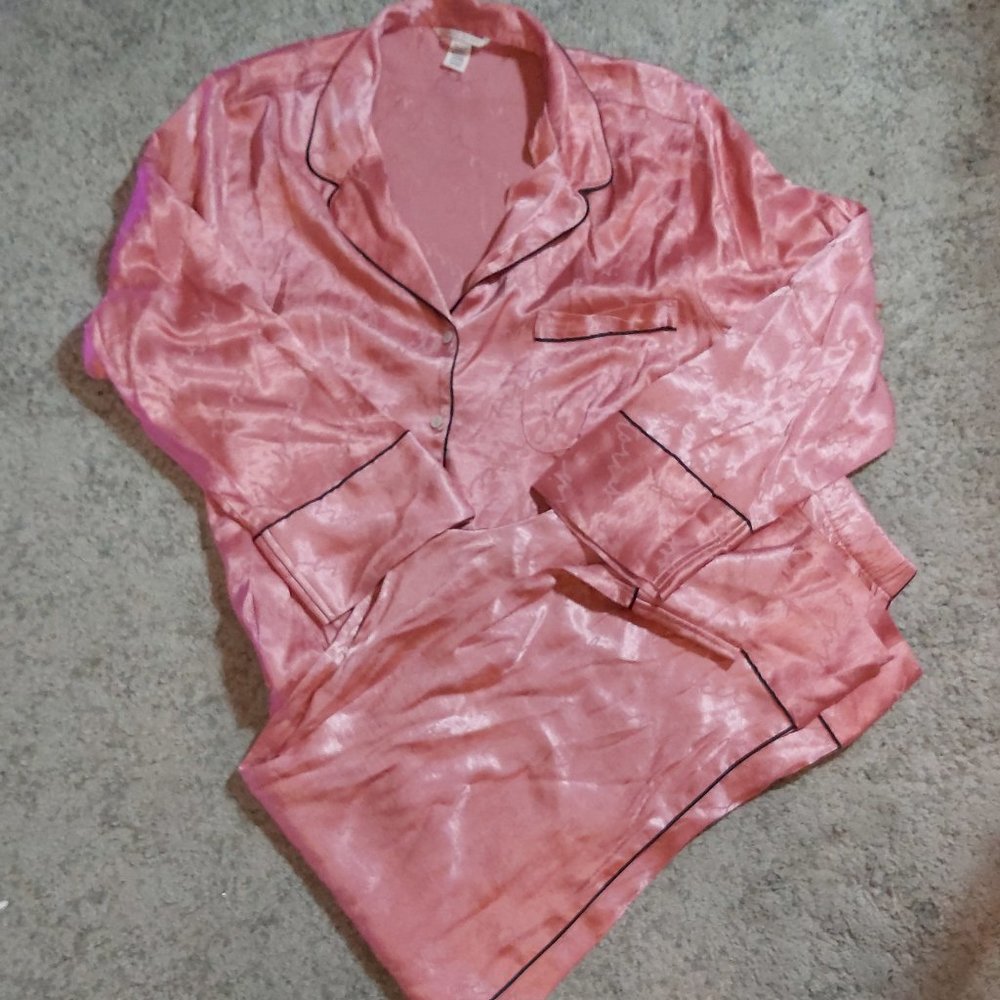 Hot Pink Shiny Satin Victorias secret pyjama set Top XL bottoms L